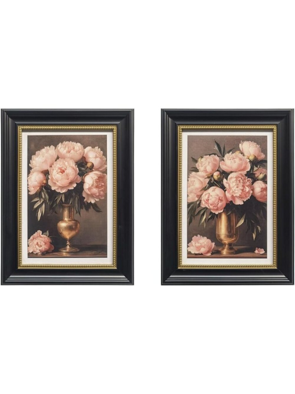 Vintage Black Framed Floral Wall Art Set of 2 | Pink Peony Canvas Prints, Dark